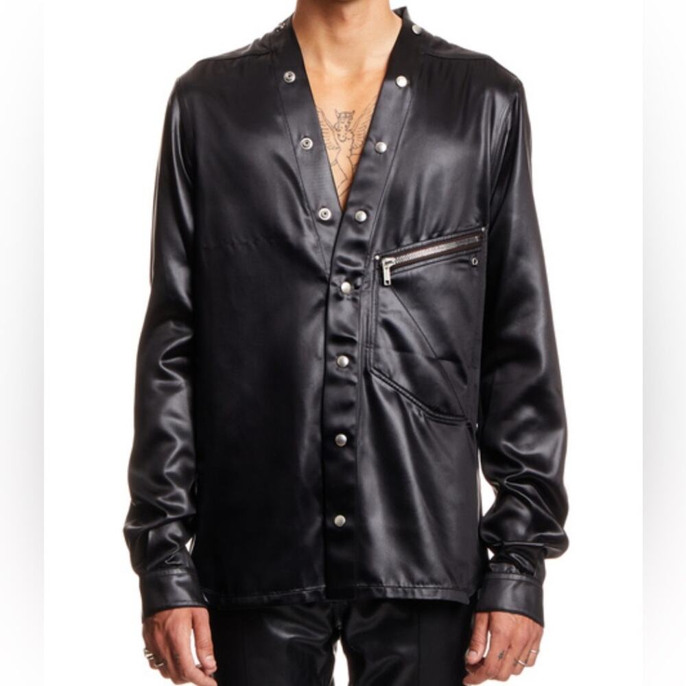 Rick Owens Performa FW20 Larry Faux Leather Shiny Shirt Black IT 54 XL Shacket - Picture 3 of 15